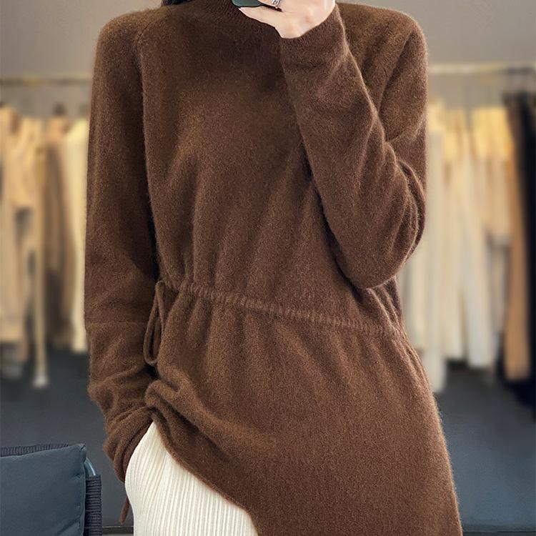 High-Neck Pure Wool Drawstring Sweater - Women's Autumn/Winter Loose Cashmere Knit