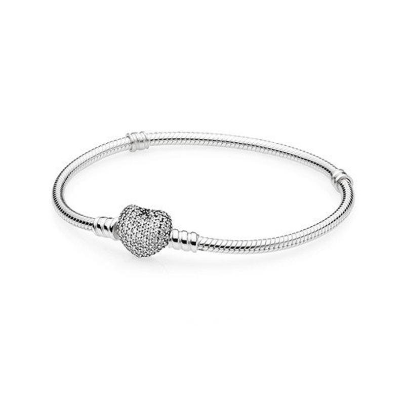 Pandora Brilliant Heart Shape Chain Clasp 925 Silver Cubic Zirconia Bracelet Women s Silver 590727CZ16