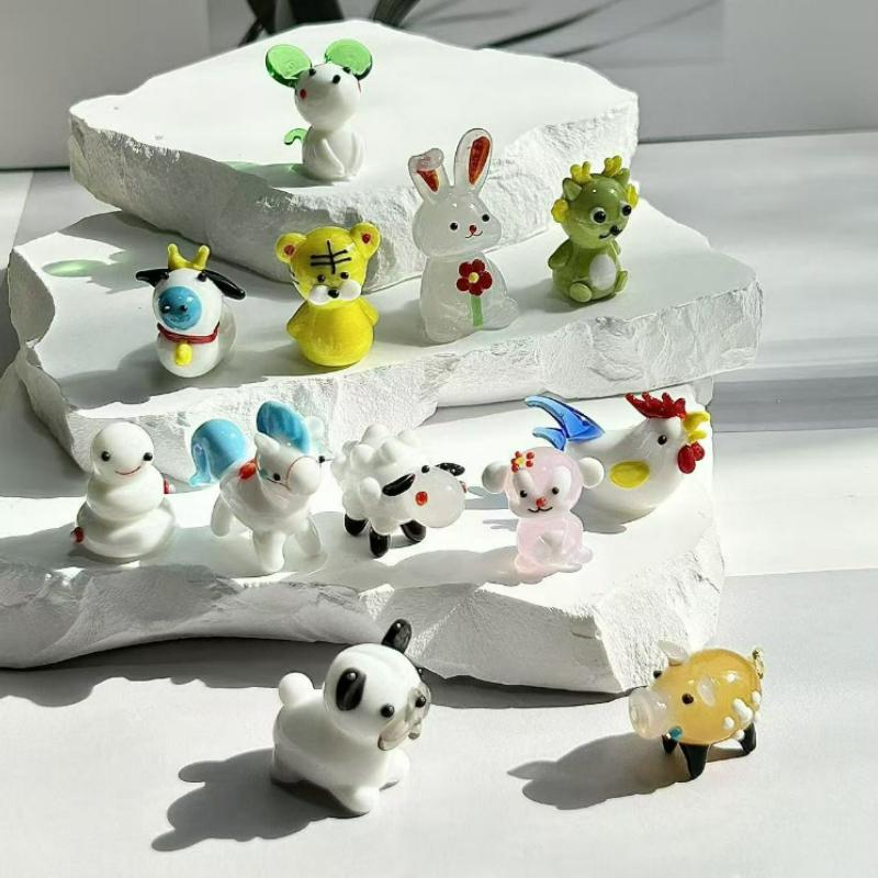 1Pcs Cute Glass Miniatures Zodiac Figurines Cartoon Animal Micro Landscape Ornaments Handmade Desktop Decoration Accessories