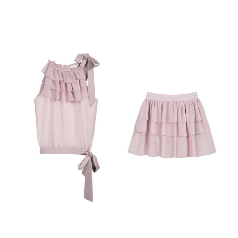 2026 Spring/Summer Pink Lace Strappy Tank Top & Ribbon Skirt Set for Women