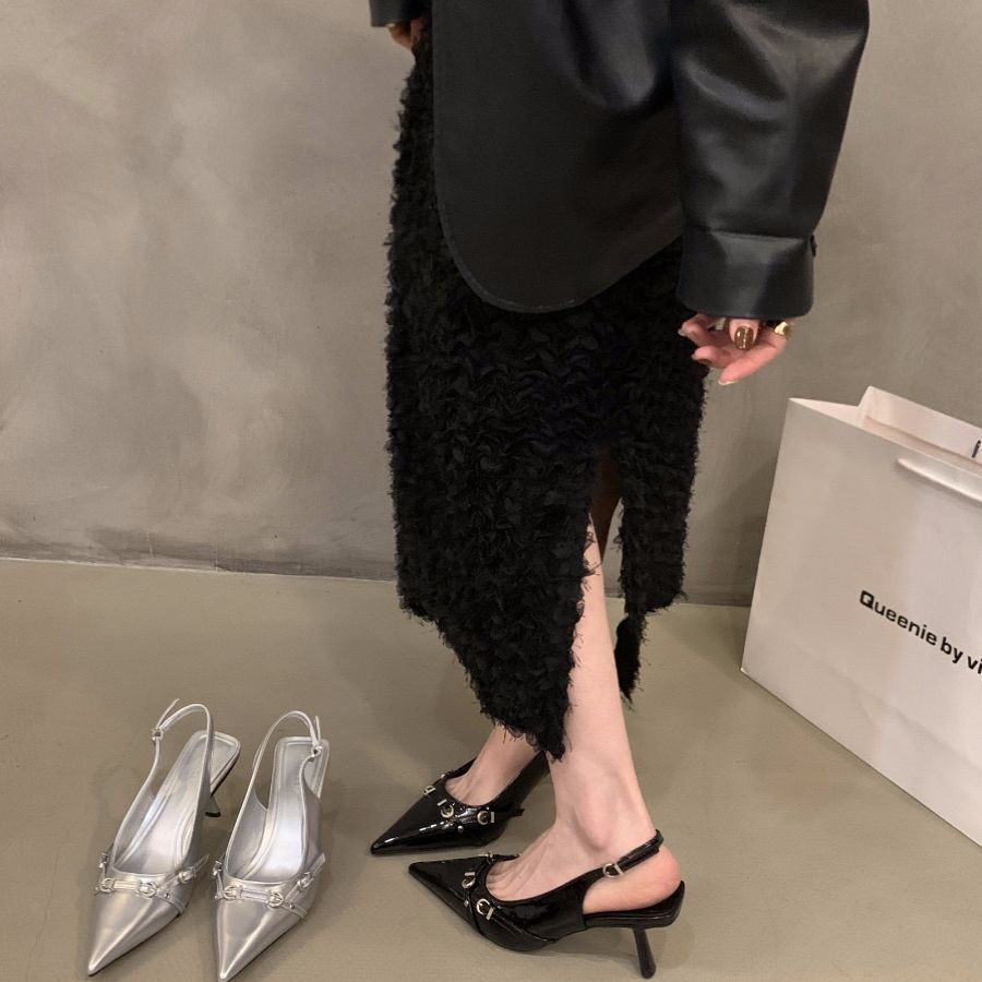 French Stiletto Black Bag Head Sandals Fairy Shoes 2025 New Spring and Summer Silver Single Shoes Pointed High Heels