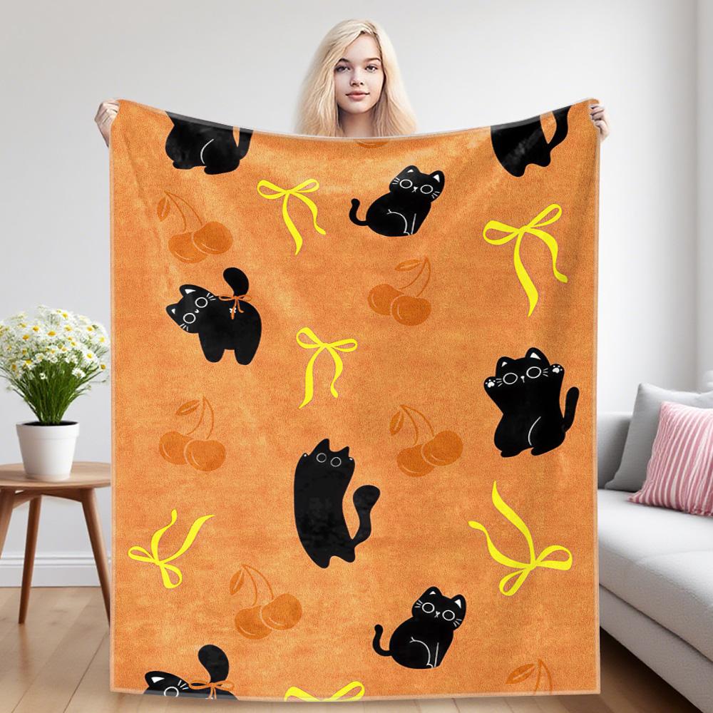 Cat Print Flannel Blanket Warm Soft Halloween Christmas Couch Warm Cozy Decorative Decor Gift for All Season