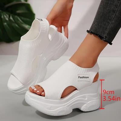 Sandali Casual Monocromatici da Donna, Scarpe da Passeggio Lavorate a Maglia con Zeppa Rialzata e Suola Morbida Elastica, Scarpe da Vacanza