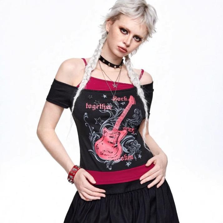 T-shirt con Stampa Punk Subcultura Harajuku T-shirt a Patchwork a Strisce Retro Y2K Gothic Tee Hip-hop Hottie Top