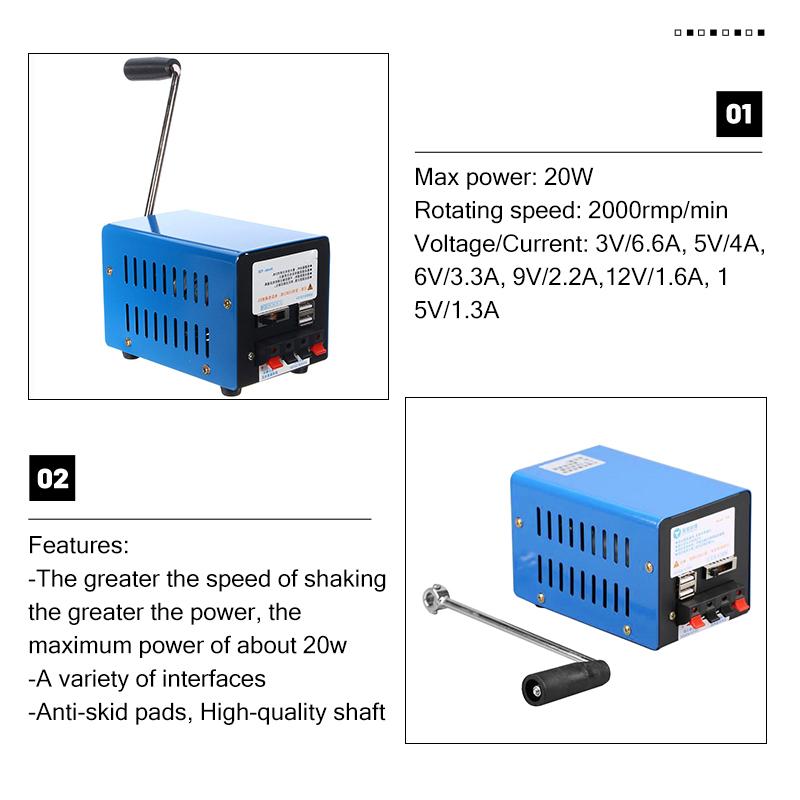20W Notstrom-Elektrogenerator Handkurbel Hochleistungs-Dynamo-Ladegerät Tragbares USB-Laden Outdoor-Camping Survival Powerbank