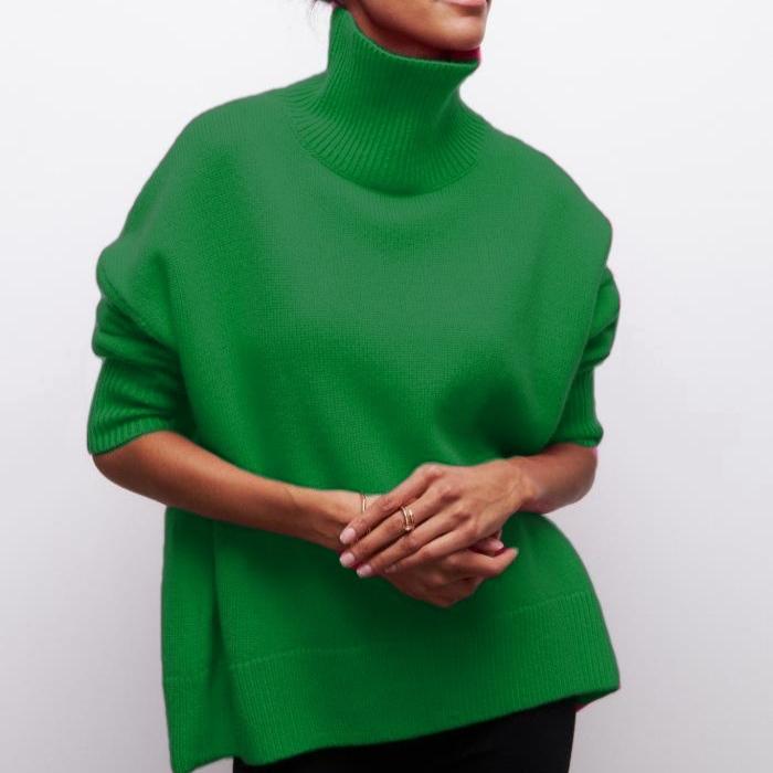 Women's Turtleneck Sweater Loose Solid Color Pullover Knitwear Thick Warm Knit Top Autumn Winter