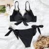 Spaghetti Straps V-neck Backless Sexy Bikini Knotted Bra High Waist Briefs Swimsuit Beachwear