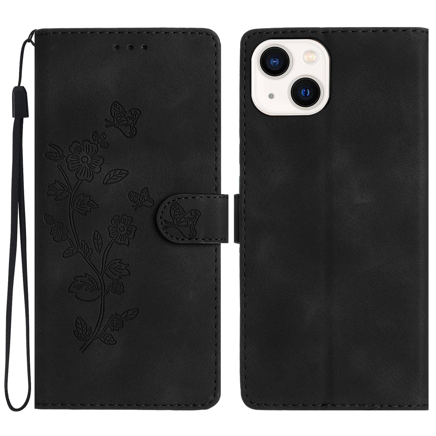 

For iPhone 13 mini 5.4 inch Leather Wallet Phone Cover Flower Imprinted Stand Mobile Case Black