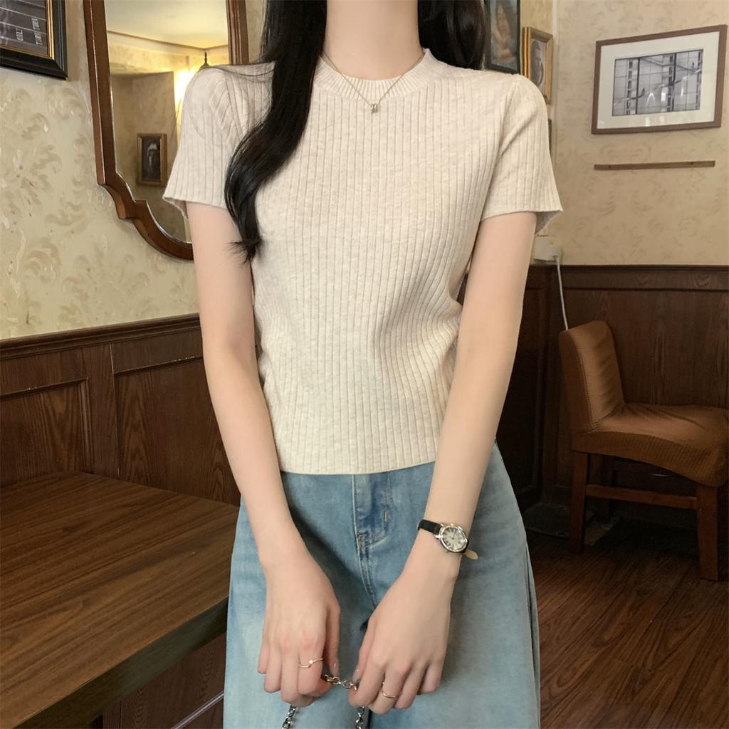 High-end Korean Pit Strip Short-sleeved Women's Spring and Summer Fashionable Solid Color Simple Foreign Style Thin Knitted T-shirt Top