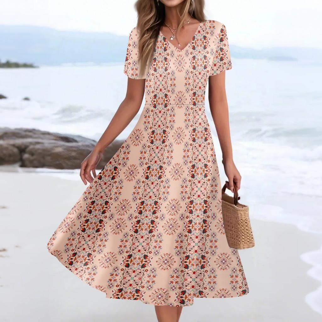Women's Summer Casual Fashion Print Pocket Short Sleeve V-Neck Swing Dress
