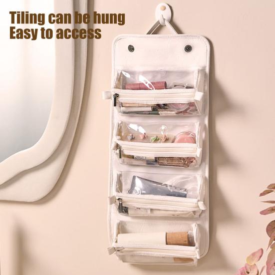 Foldable Cosmetic Bag Women 4-in-1 Travel Makeup Bag Waterproof Cosmetic Organizer with 4 Detachable Compartments for Vacation Business Trip