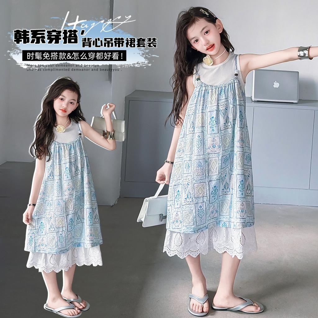 Sweet girl dress 2026 new western-style children's clothing, girls' summer clothes, floral suspender dress, princess dress
