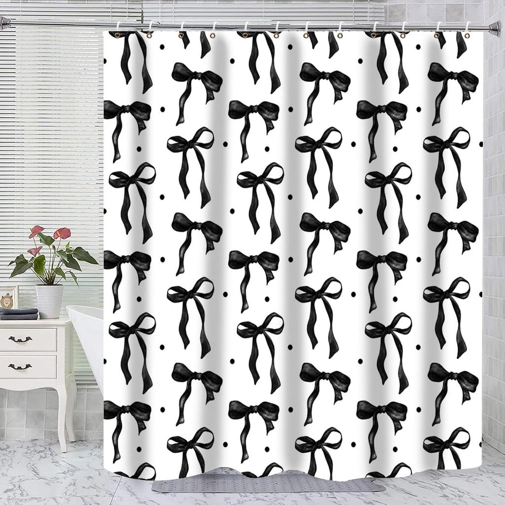 Cute Shower Curtain Set Pink&Black Bowknot 3D Printed Waterproof Polyester Fabric Bath Curtains Home Bathroom Decor With 12 Hook
