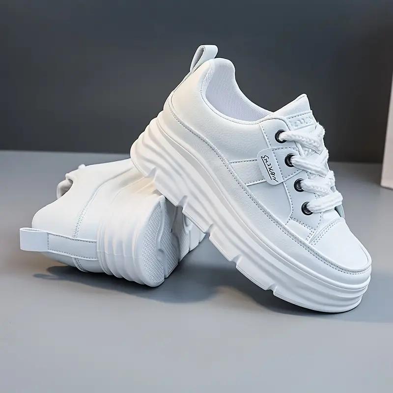 Women's Solid Color Sneakers, Casual Lace Up Outdoor Shoes, Comfortable Inner Heightening Shoes