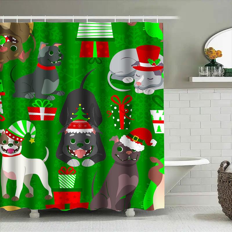 Green Christmas-Themed Shower Curtain Featuring Festive Dogs And Cats With Gifts Bathroom Decor For Holiday Season #Bathroomdeco