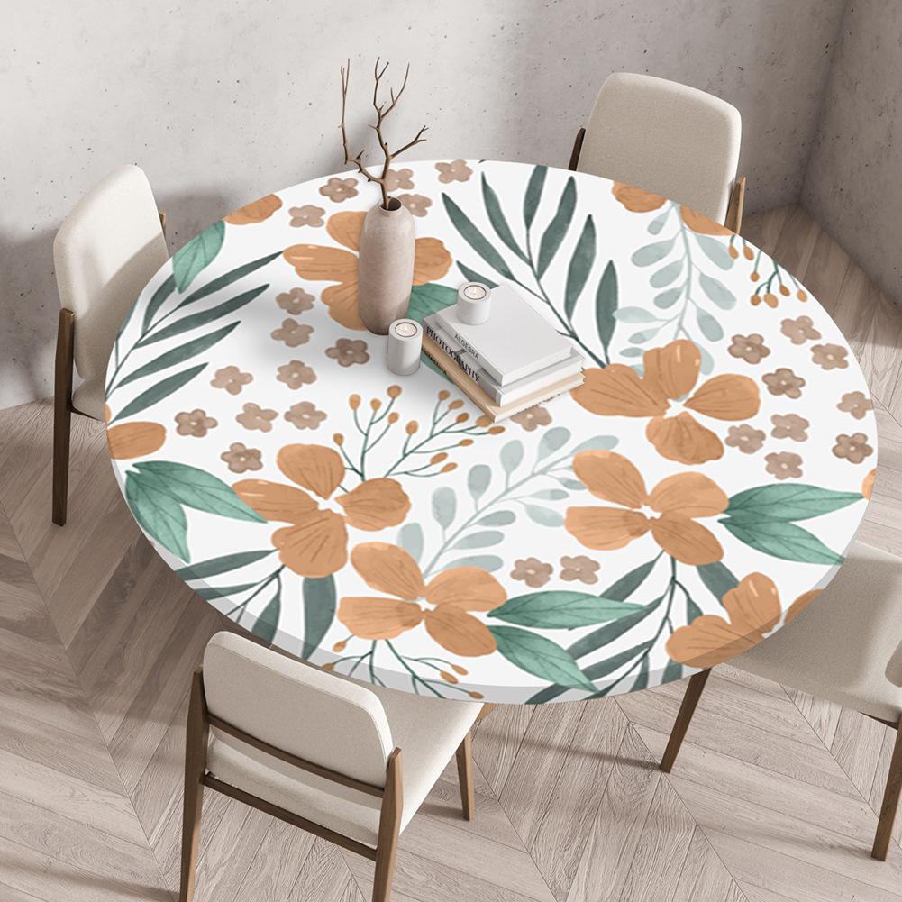 Round Table Cover Protector Elastic –Floral Print Fitted Tablecloth Waterproof,Elastic Edge Round Table Cloth for Dining Kitchen