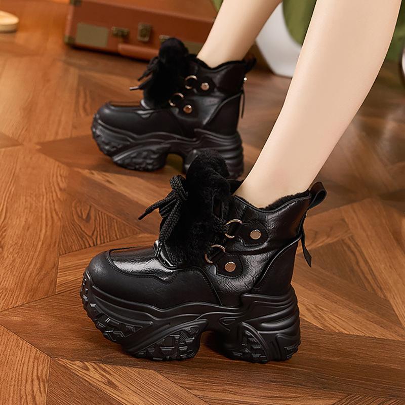 Fashion 10CM Genuine Leather Vulcanize Fashion Thick Bottom Women Chunky Sneakers Platform Wedge Causal Winter Plush Autumn Shoes