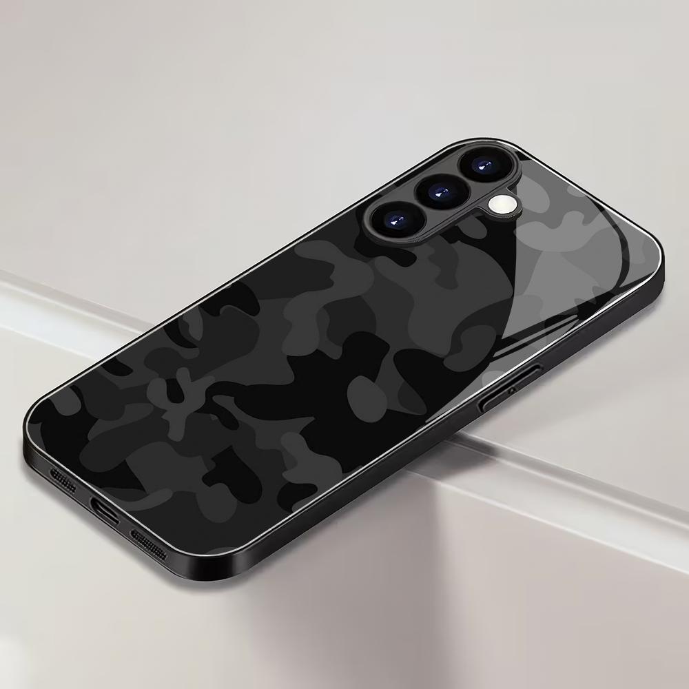 Black camouflage tempered glass phone case suitable for Samsung Galaxy S26 S25 S24 S23 S22 S20FE/Ultra/Plus anti drop back cover