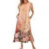 Ladies' Fashionable Summer Casual Pleated Sleeves, Loose Retro Floral Print, Short Sleeves, Round Tie, Pocket Beach Dress