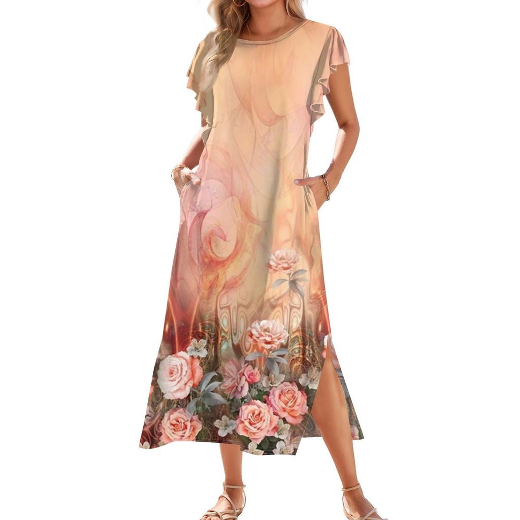 Ladies' Fashionable Summer Casual Pleated Sleeves, Loose Retro Floral Print, Short Sleeves, Round Tie, Pocket Beach Dress