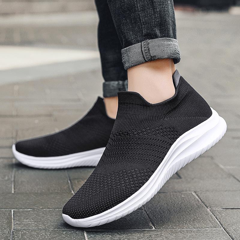 Men's Shoes Breathable Fly-woven Casual Sports Lazy One-pedal Socks Shoes Men's Ultra-light Soft-soled Black Mesh Shoes