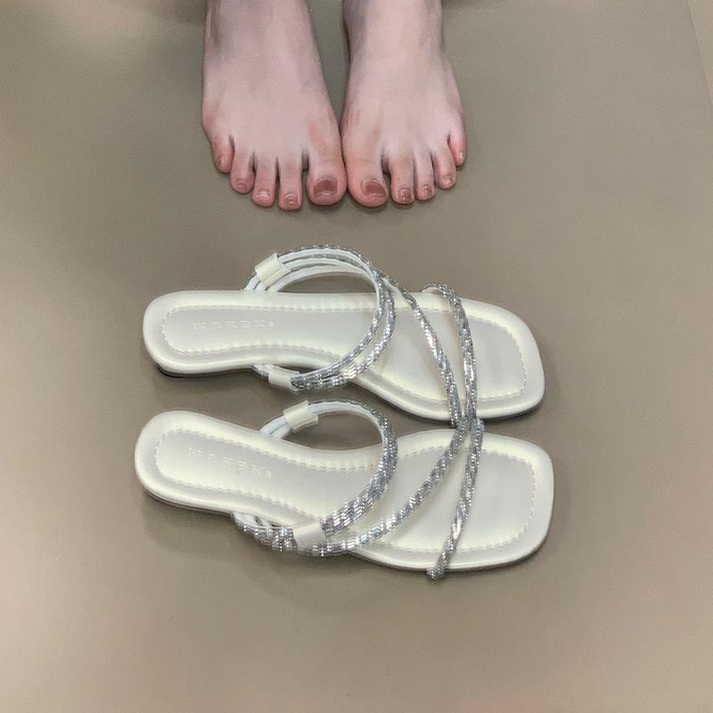 

Rhinestone open-toed slippers female 2025 new summer square head simple versatile fairy shoes square head slippers 35