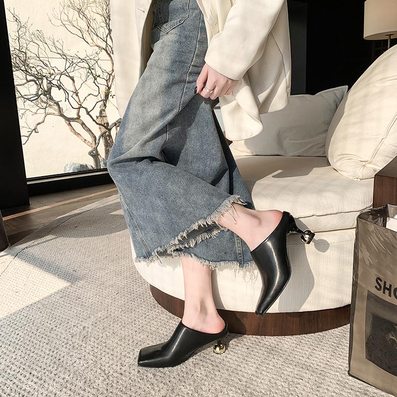 6.5cm High Heels Elegant Women Slides Square Toe Shallow Summer Dress Slides Sexy Metal Strange Style Heels Shoes