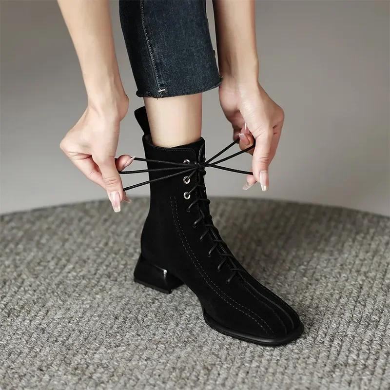 2025 Fashion Women's Shoes Back Zip Women's Boots Fashion Front Lace-up Modern Boots Women Hot Sale Square Heel Ankle Boots
