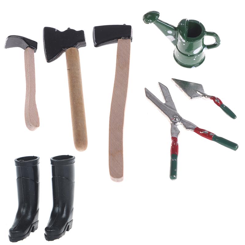 Hot 1:12 Dollhouse Mini Garden Implement Watering Can Scissors Axes Shoes Rake Garden Pool Doll Decor Accessories