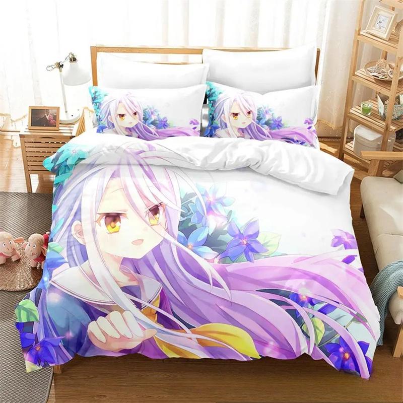 3D-Bettwäscheset „No Game No Life“ für Anime, Bettbezug, Bettgarnitur, Steppdecke, Kissenbezug, King-Size-Bett, Queen-Size-Bett, Twin-Size-Bett, Jungen, Mädchen, Erwachsene