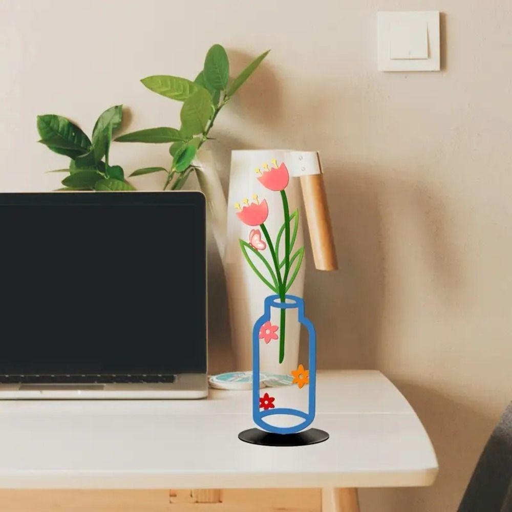 1/3Pcs 2D Flat Flower Vase Ornaments Color Printed Art Decor Crafts Decorative Ornaments Metal Vase Decorative
