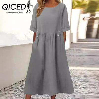 Damen Locker sitzendes Midikleid mit Doppeltaschen und Knopfverzierung, Rundhalsausschnitt, kurze Ärmel, Sommer, Boho, Arbeitskleidung