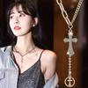 Elegant Korean Style Long Cross Pendant Necklace For Women With Titanium Steel Design