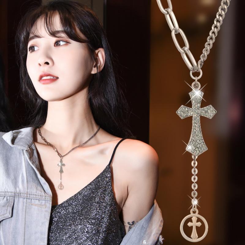 Elegant Korean Style Long Cross Pendant Necklace For Women With Titanium Steel Design