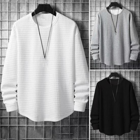 

Мужской осенне-зимний свитшот с круглым вырезом и вафельной текстурой, с длинным рукавом, свободный однотонный теплый пуловер, спортивный топ средней длины