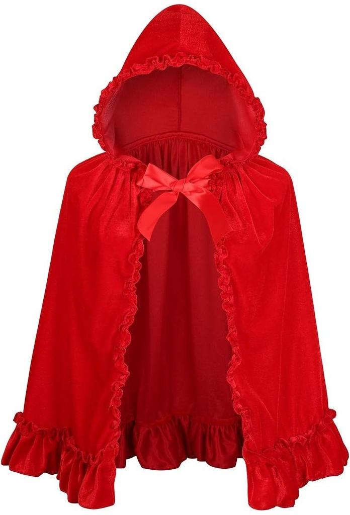Lussuoso Mantello Corto con Cappuccio e Bordi in Pizzo Rosso Vino per Donna Perfetto per Halloween e Altro