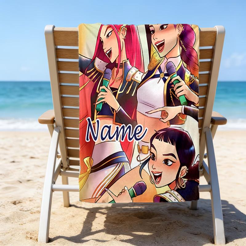 1pc KPop Demon Hunters28 Beach Towel with Custom Name, Beach/Swimming/Bath/Picnic/Camping Towel, Suitable for Seaside Beaches