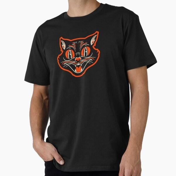 Retro Vintage Halloween Angry Black Cat Growling Fac Premium T-Shirt M-2XL Gift,