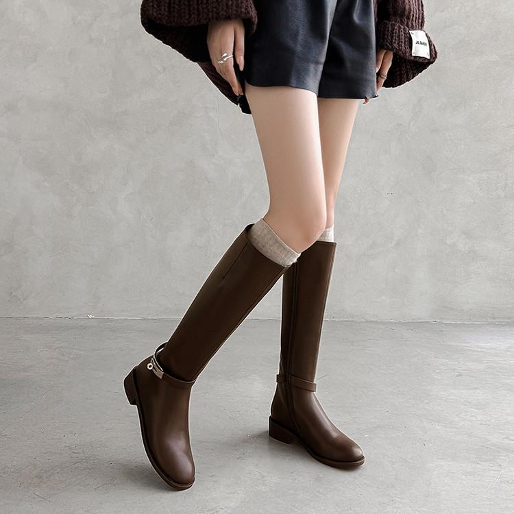 Autumn and winter new lock buckle knight boots low heel round head boots belt buckle cowhide high boots slim and tall boots women