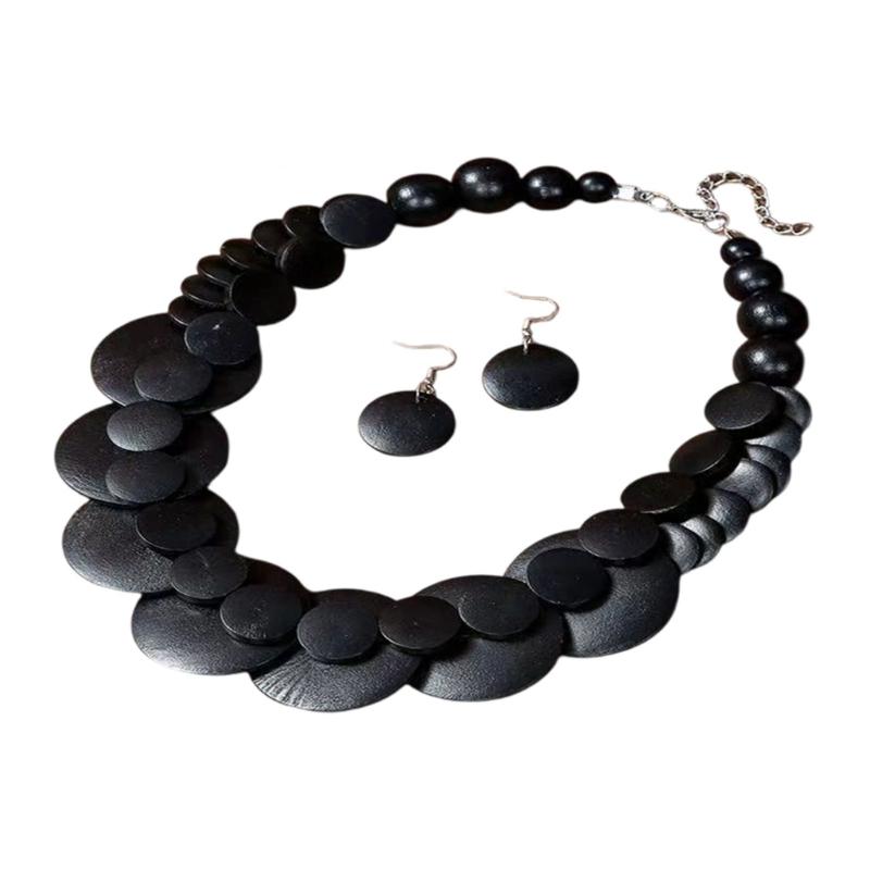 Round Disc Statement Necklace with Earrings Double-layer Design, Wood-Look Finish Fashion Jewelry Set for Party Styling