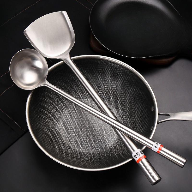Spatel i rustfritt stål, Kokespatel, Kokkeskje, Helt stål Fortykket og Forlenget Spatel og Skje, Non-stick Pan Fortykket og Non-stick