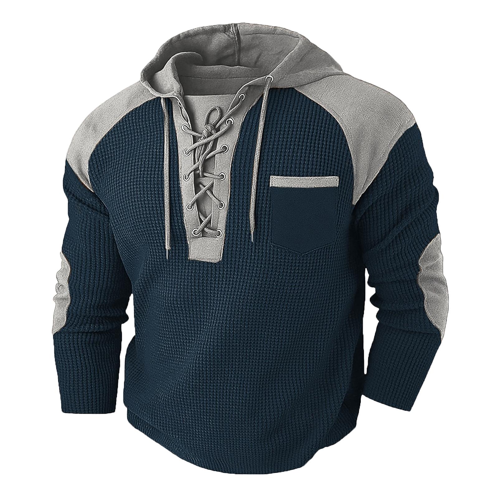 Men s Tee Shirt Long Sleeve Hooded Spring  Fall Solid Color Fashion Drawstring Pockets Patchwork Outdoor Party Top Tee For Men S