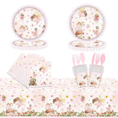 Neue Blumenfeenparty Dekorative Tischwaren Mädchen Geburtstag Einweg-Tischdecke Pappteller Pappbecher Papierserviette Hintergrundtuch