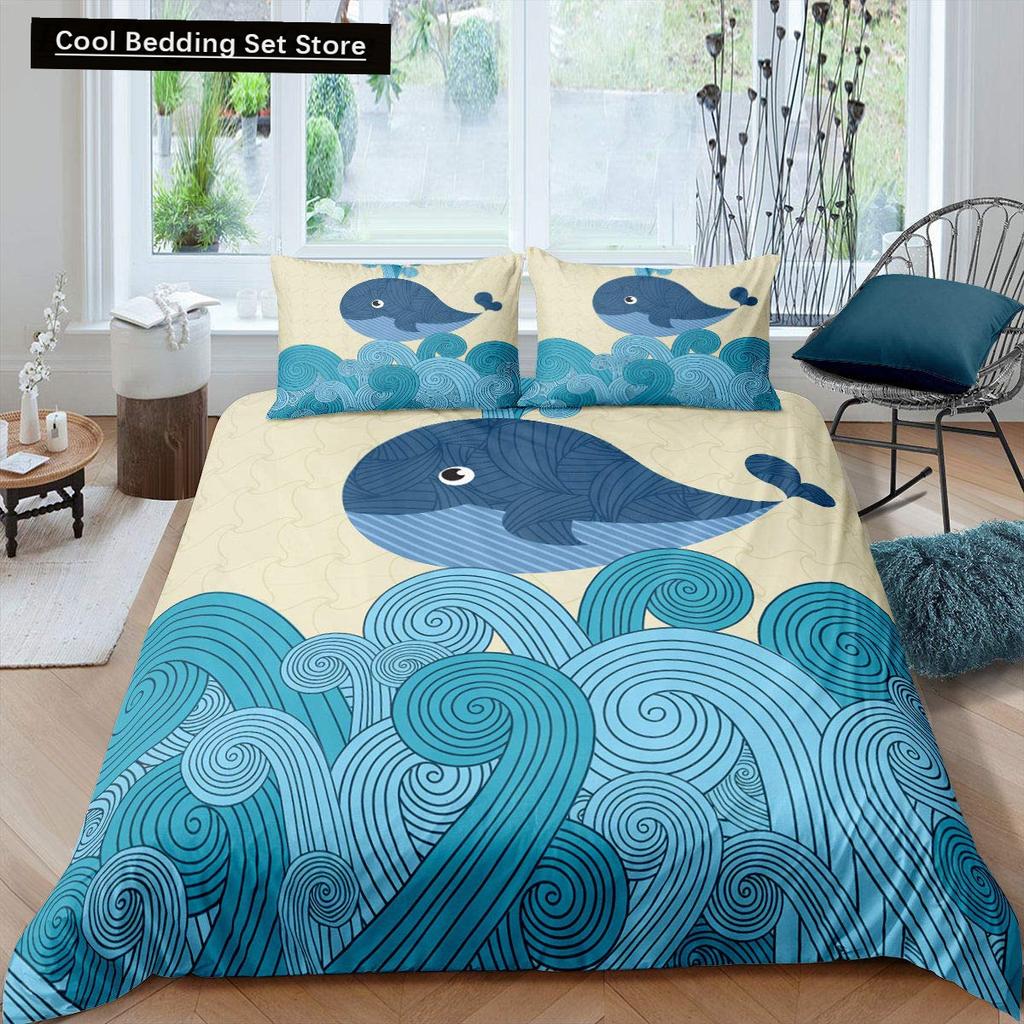 Whales King Queen Duvet Cover Ocean Animal Bedding Set Seaweed Starfish Marine Life Quilt Cover Blue Polyester Comforter Cover