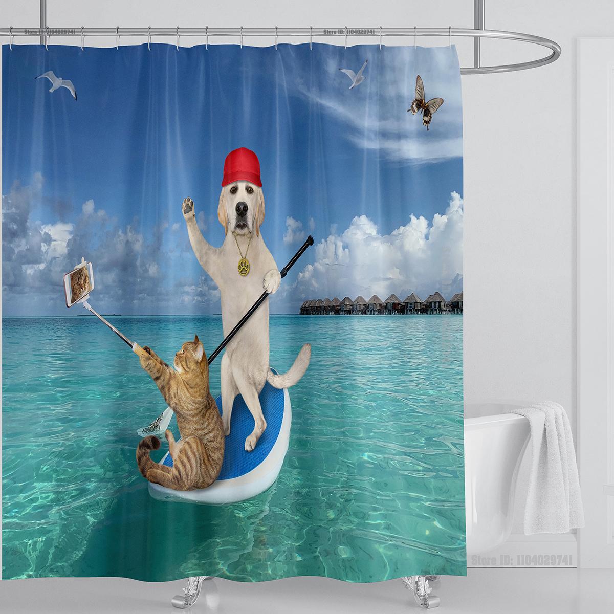 

Смешная занавеска для душа с изображением кота и собаки, занавеска для ванной комнаты с крючками, водонепроницаемая 3D-занавеска для ванной комнаты с креативным дизайном W90xH180cm