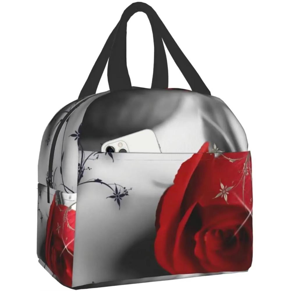Red Rose Flowers On Gray Lunch Box Travel Bag Reusable Insulated Cooler Lunch Bags Girls Men Funny Picnic Tote Bag