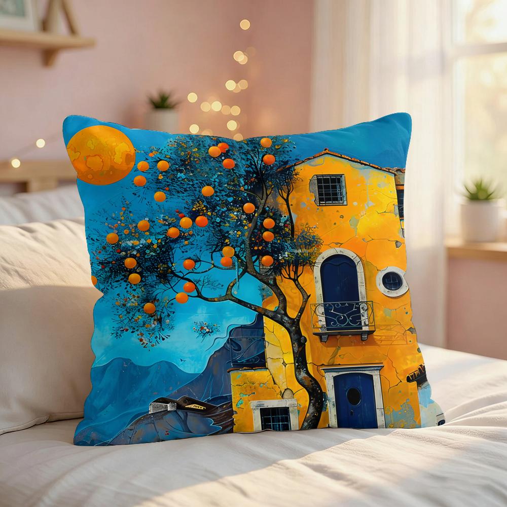 Village Door Window Oil Art Cushion Cover Silky Short Plush Invisible Zipper Dustproof Sofa Pillow Case For Home Decor