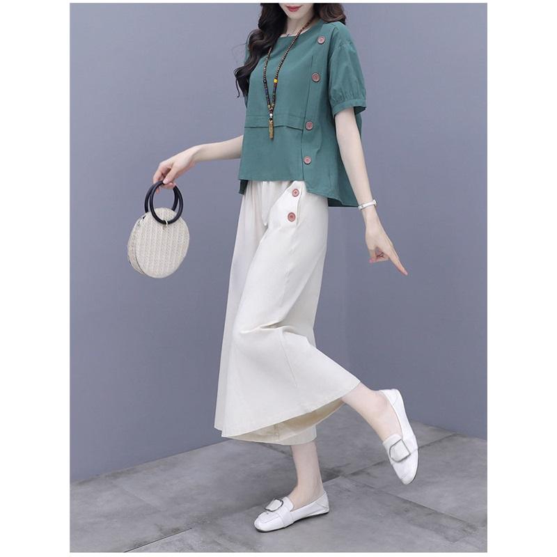 Women's Cotton Linen 2-Piece Set Short Sleeve Blouse & Wide Leg Pants