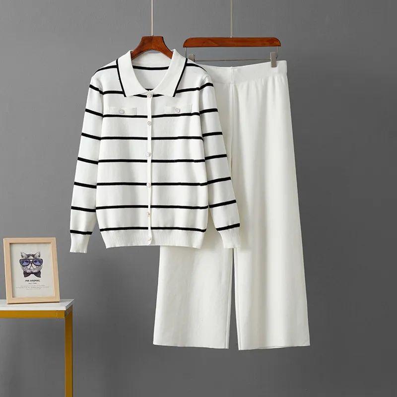

Cross-Border Foreign Trade Stripe Polo Collar Elegant Knitted Fashion Two-piece Set Single-Breasted Sweater Loose Wide-Leg Pants Set White One size