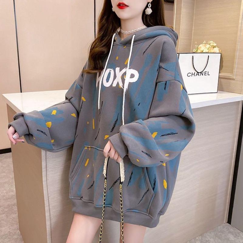 

Autumn Winter Korean Style Mid-length Hooded Velvet Thickened Sweatshirt for Women Loose Lazy Style Design Western Style Jacket L